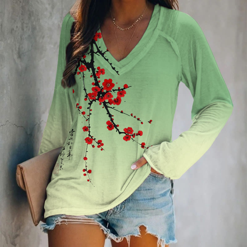 Japanese Vintage Plum Blossom Art Print Long Sleeve T-shirt - Green - 5XL - image 2