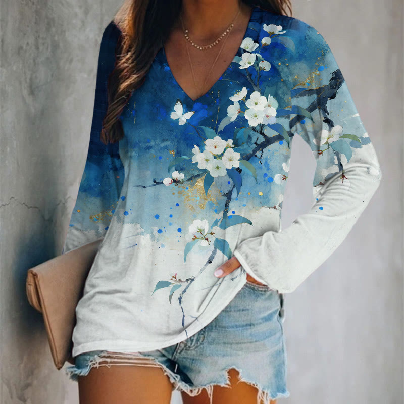 Japanese Ink Splash Sakura Art Print Long Sleeve T-shirt - Blue - 5XL - image 1