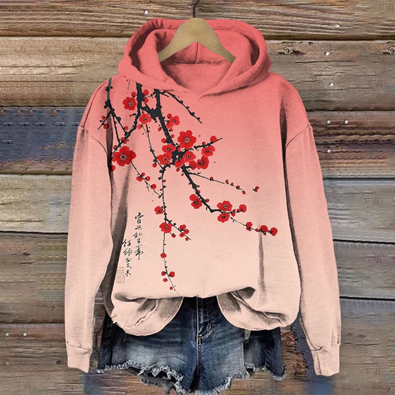 Japanese Vintage Plum Blossom Art Print Long Sleeve Hoodie - Red - US44-46(8XL) - image 2
