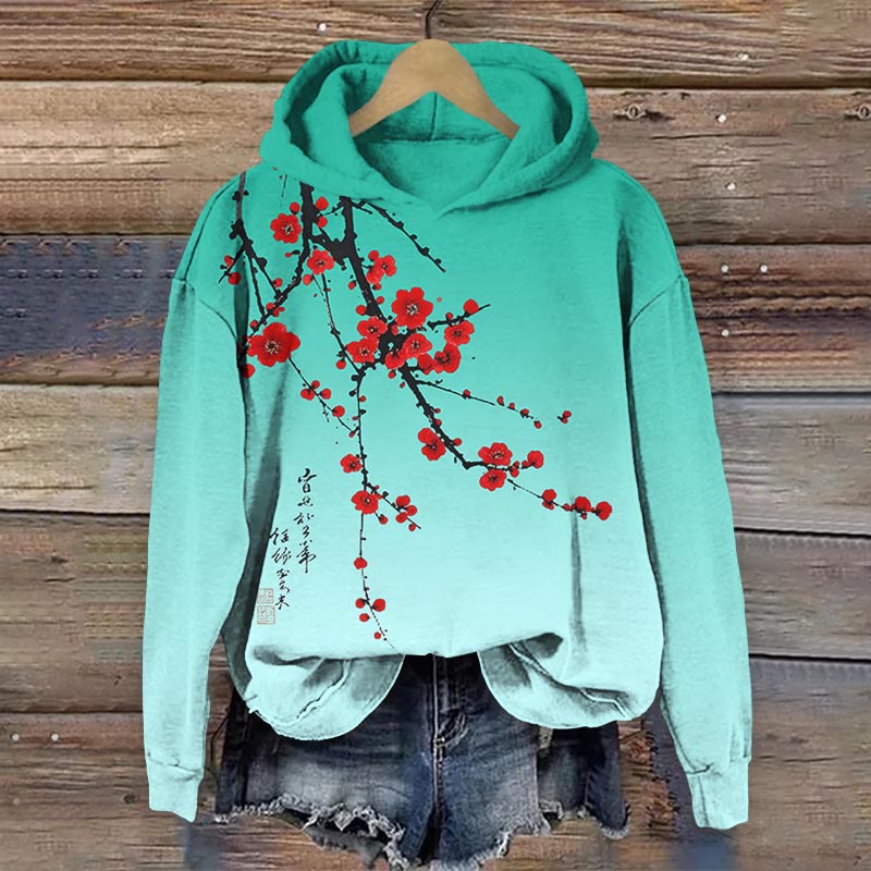 Japanese Vintage Plum Blossom Art Print Long Sleeve Hoodie - Lake Blue - US44-46(8XL) - image 1