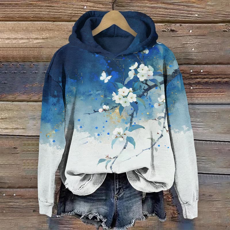 Japanese Ink Splash Sakura Art Print Long Sleeve Hoodie - Blue - US44-46(8XL) - image 1