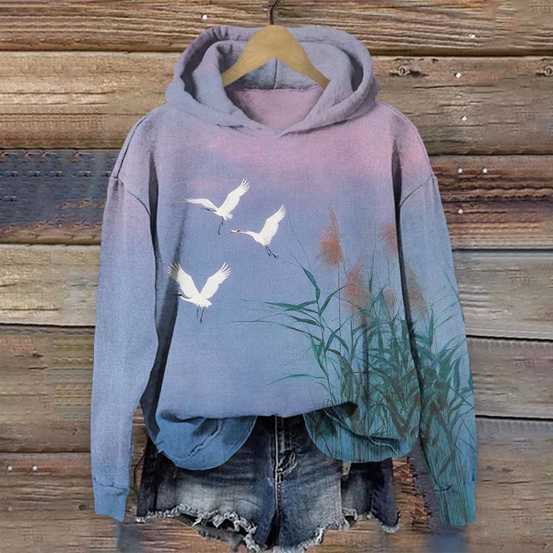 Japanese Sunset Crane Flying Across Reed Marsh Art Print Long Sleeve Hoodie - Purple - US44-46(8XL) - image 1