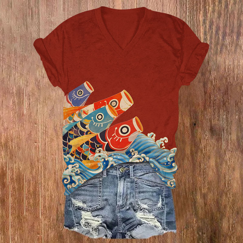 Japanese Carp Streamer Group Waves Print V-neck T-shirt - Red - US32-34(5XL) - image 1