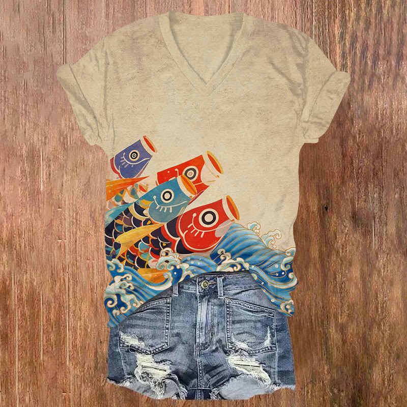 Japanese Carp Streamer Group Waves Print V-neck T-shirt - Apricot - US32-34(5XL) - image 2