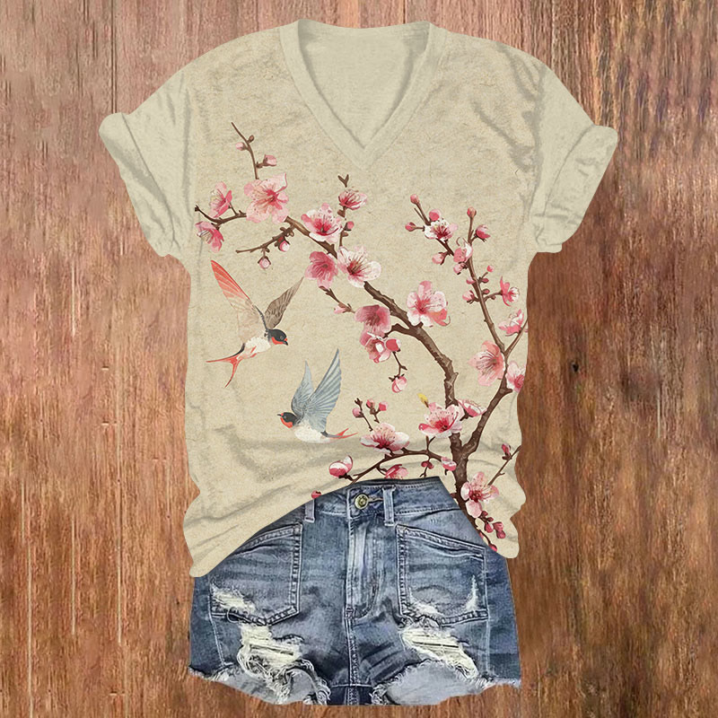 Japanese Plum Blossom Swallow Print V-neck T-shirt - Apricot - US32-34(5XL) - image 3