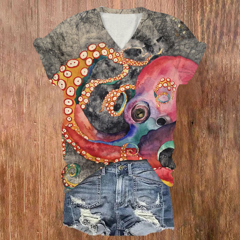 Creative Watercolor Octopus Print V-neck T-shirt - Red - US32-34(5XL) - image 1