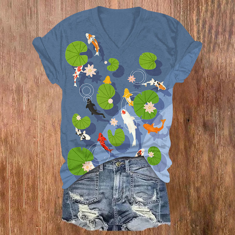 Japanese Pond With Lotus And Lotus Leaves, Koi Print V-neck T-shirt - Blue - US32-34(5XL) - image 2