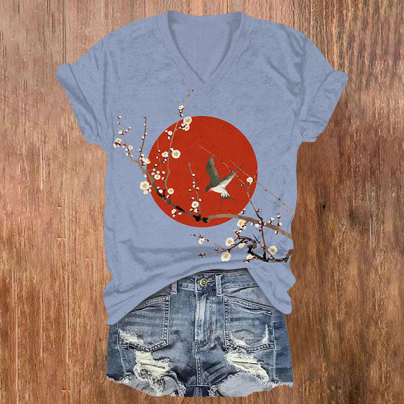  Japanese White Plum Blossoms And Sun Swallowtailprint V-neck T-shirt - Blue - US32-34(5XL) - image 2