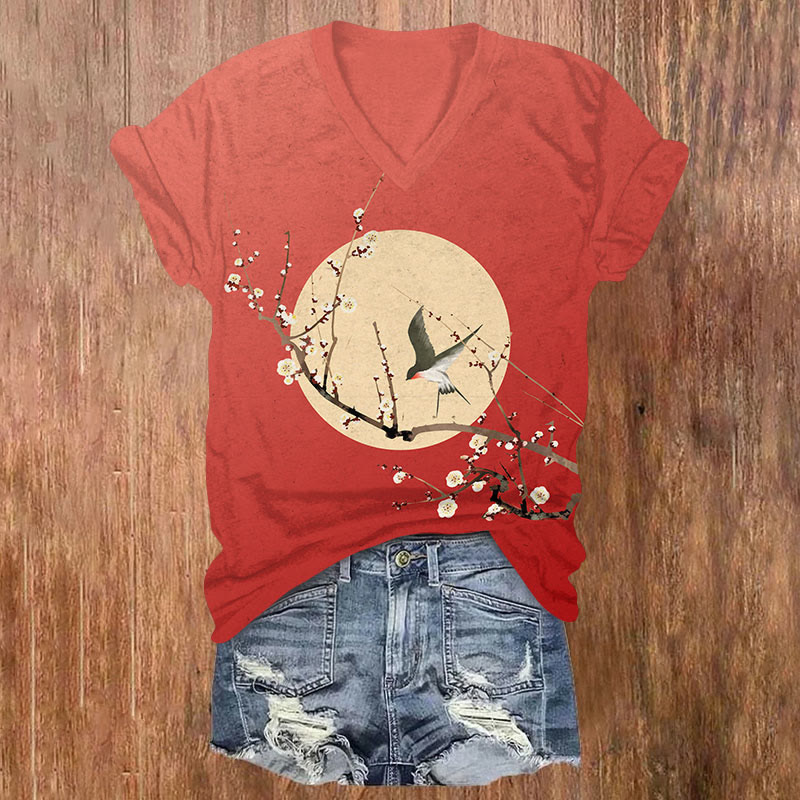  Japanese White Plum Blossoms And Sun Swallowtailprint V-neck T-shirt - Red - US32-34(5XL) - image 1