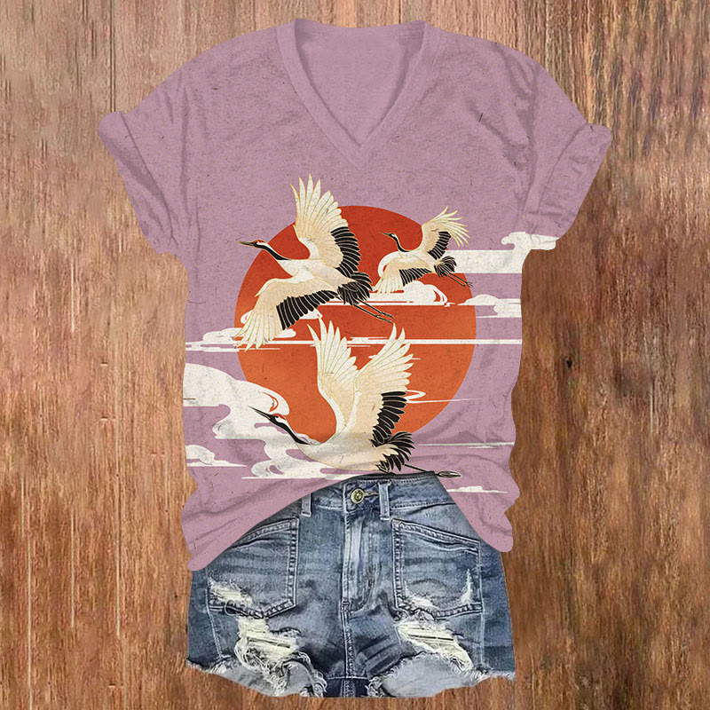 Japanese Crane Sun Cloud Pattern Print V-neck T-shirt - Purple - US32-34(5XL) - image 2