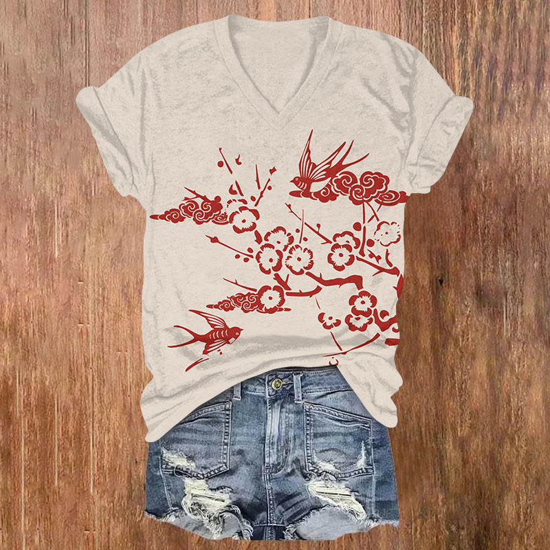  Japanese White Plum Blossoms And Sun Swallowtailprint V-neck T-shirt - Apricot - US32-34(5XL) - image 2