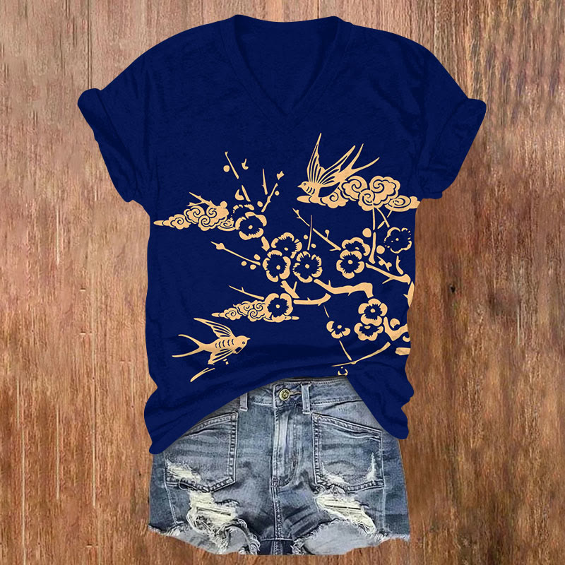  Japanese White Plum Blossoms And Sun Swallowtailprint V-neck T-shirt - Blue - US32-34(5XL) - image 1