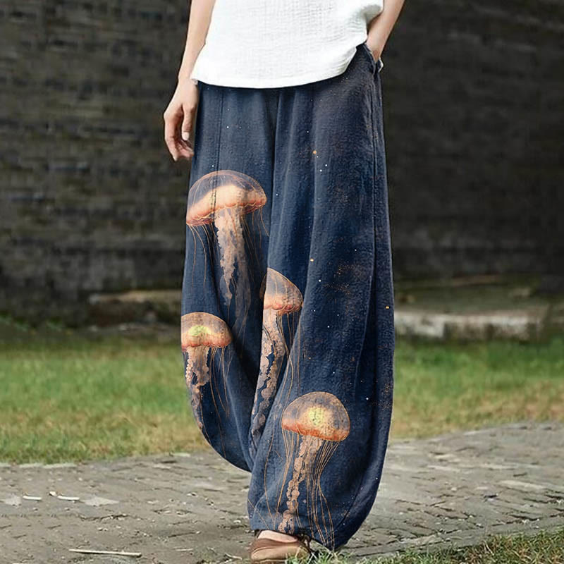 Vintage Lovely Orange Jellyfish Art Print Casual Pants - Dark Blue - US18(5XL) - image 1