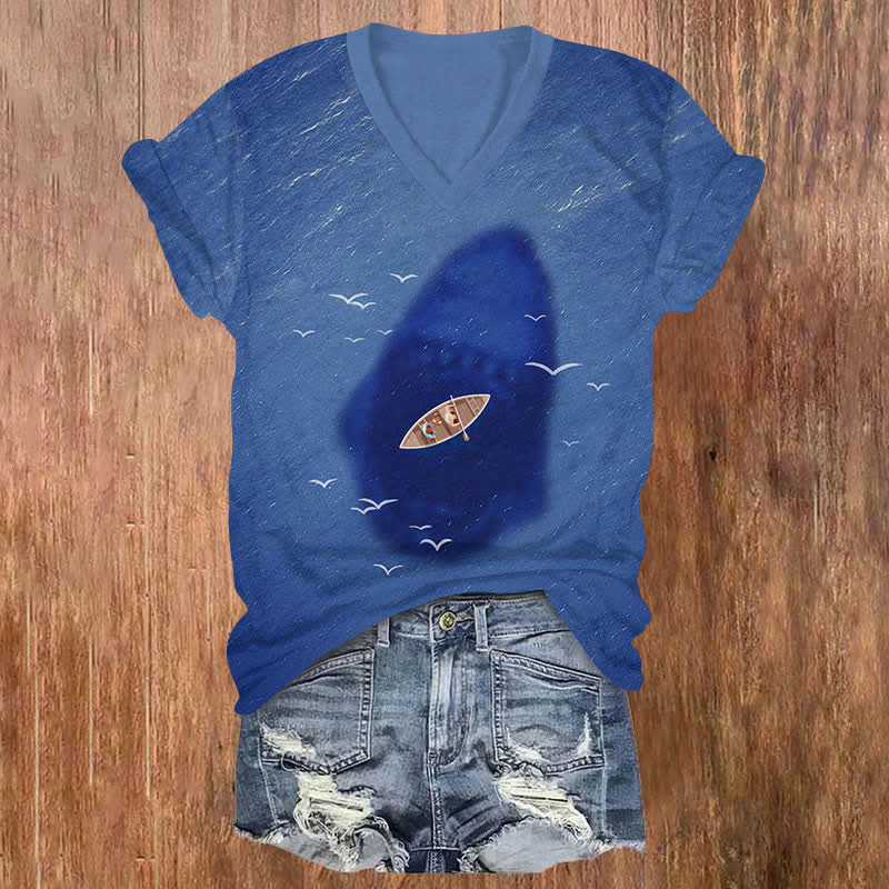 Shark Shadow Under The Sea Print V-neck T-shirt - Blue - US32-34(5XL) - image 2