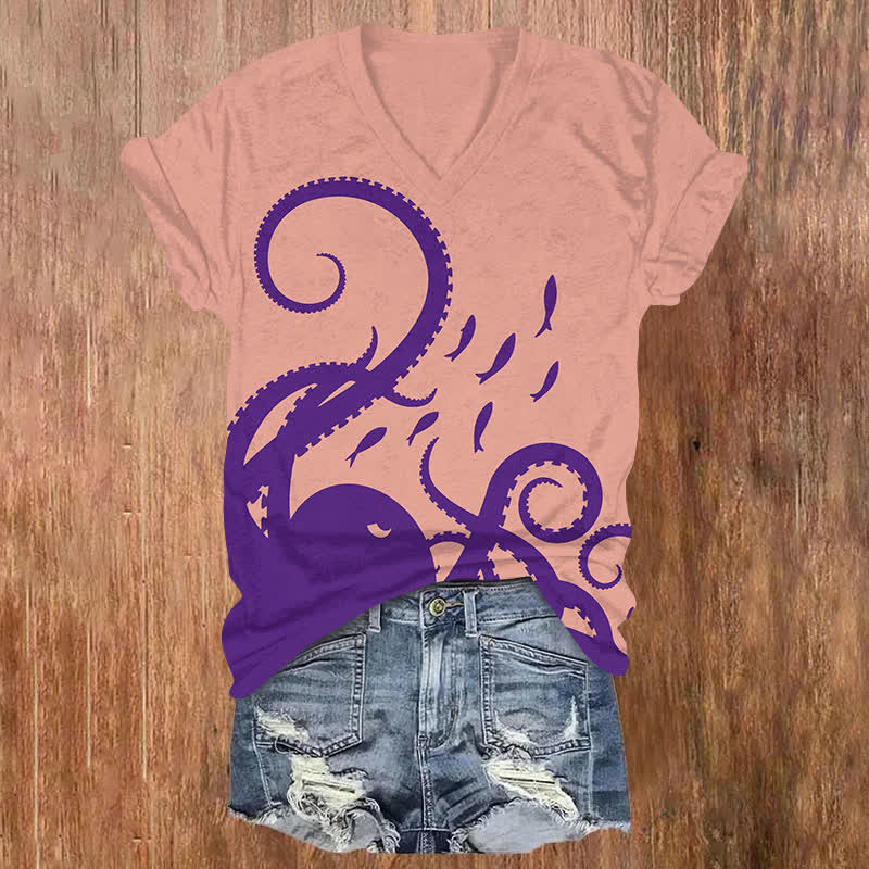 Vintage Simple Octopus Tentacles & Fish Art  Print V-neck T-shirt - Pink - US32-34(5XL) - image 2