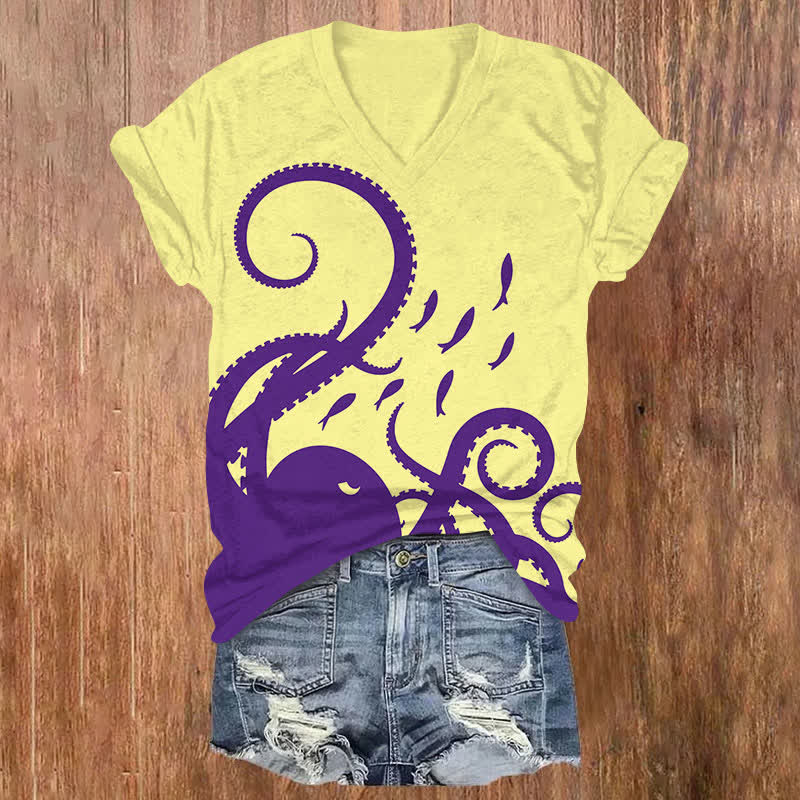 Vintage Simple Octopus Tentacles & Fish Art  Print V-neck T-shirt - Yellow - US32-34(5XL) - image 1