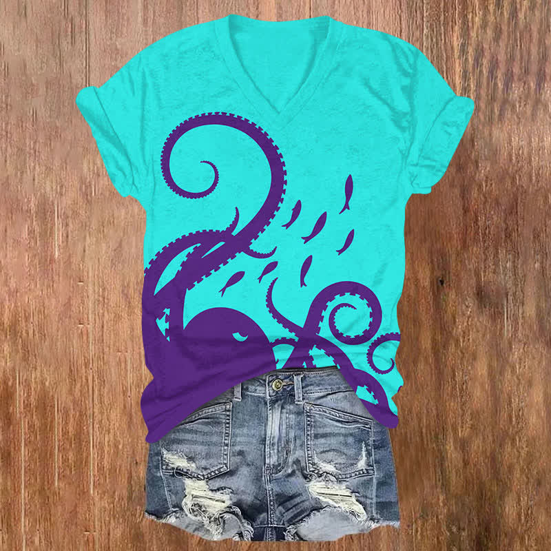 Vintage Simple Octopus Tentacles & Fish Art  Print V-neck T-shirt - Lake Blue - US32-34(5XL) - image 7