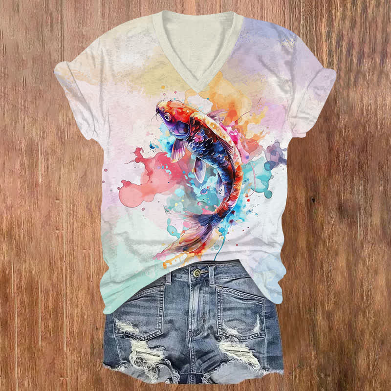 Watercolor Splash Koi Art Print V-neck T-shirt - Multicolor - US32-34(5XL) - image 1