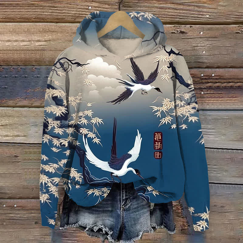 Japanese Style Two Cranes Ombre Print Long Sleeve Hoodie - Blue - US44-46(8XL) - image 1