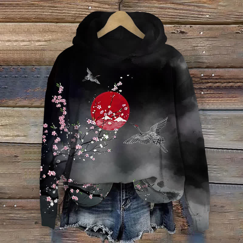 Vintage Japanese Cherry Blossom Crane Print Long Sleeve Hoodie - Black - US44-46(8XL) - image 1