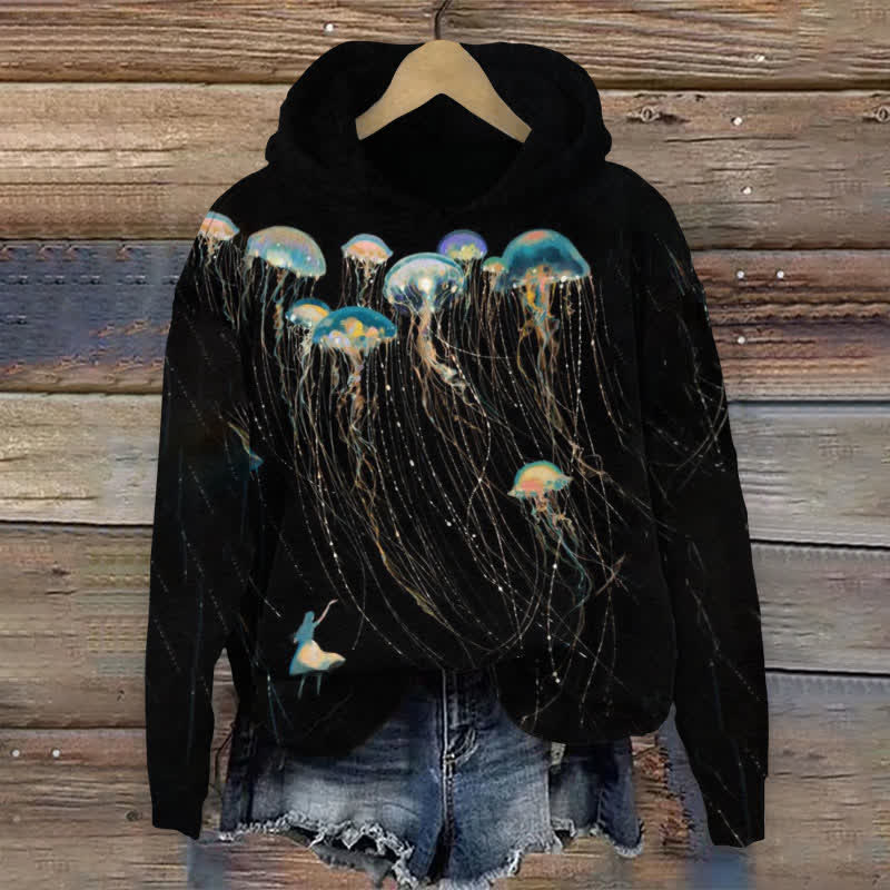 Fantasy Jellyfish Art Print Long Sleeve Hoodie - Black - US44-46(8XL) - image 1