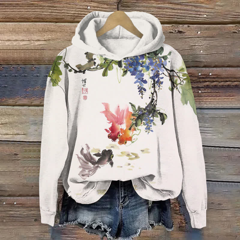 Japanese Watercolor Goldfish Under Blue Flower Vine Art Print Long Sleeve Hoodie - White - US44-46(8XL) - image 1