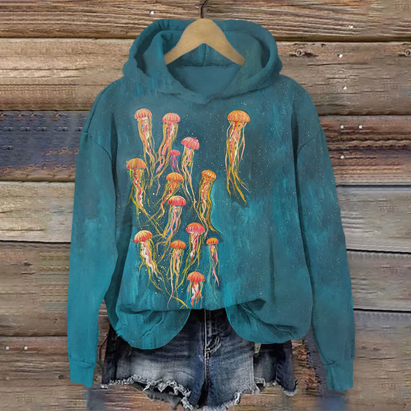 Starry Sky Jellyfish Oil Painting Art Print Long Sleeve Hoodie - Blue - US44-46(8XL) - image 1
