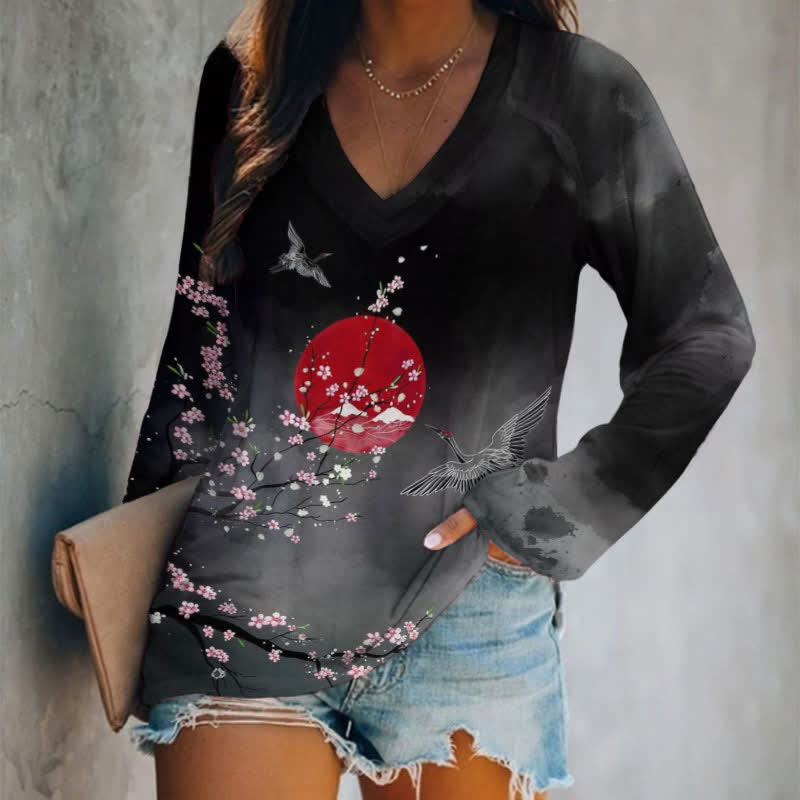 Vintage Japanese Cherry Blossom Crane Art Print Long Sleeve T-shirt - Black - 5XL - image 1