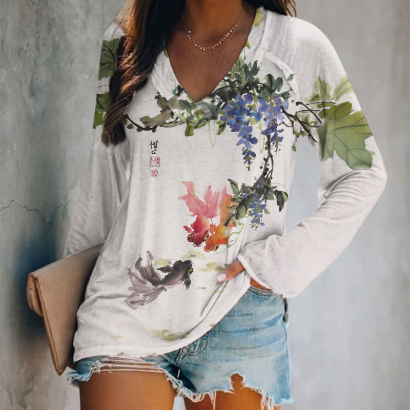 Japanese Watercolor Goldfish Under Blue Flower Vine Art Print Long Sleeve T-shirt - White - 5XL - image 1