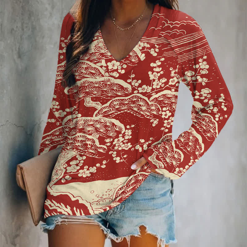 Japanese Art Plum Blossom Art Print Long Sleeve T-shirt - Red - 5XL - image 1