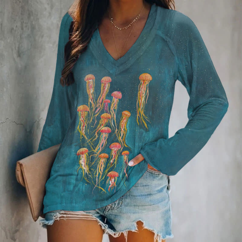 Starry Sky Jellyfish Oil Painting Art Print Long Sleeve T-shirt - Blue - 5XL - image 1