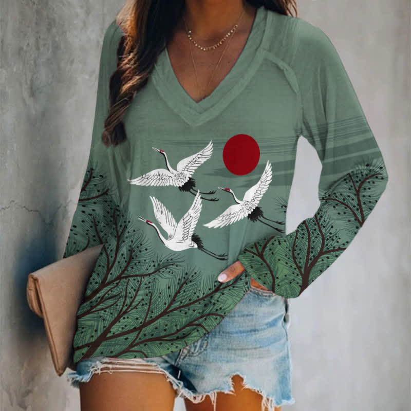 Japanese Style Flying Cranes And Red Sun Art Print Long Sleeve T-shirt - Green - 5XL - image 1