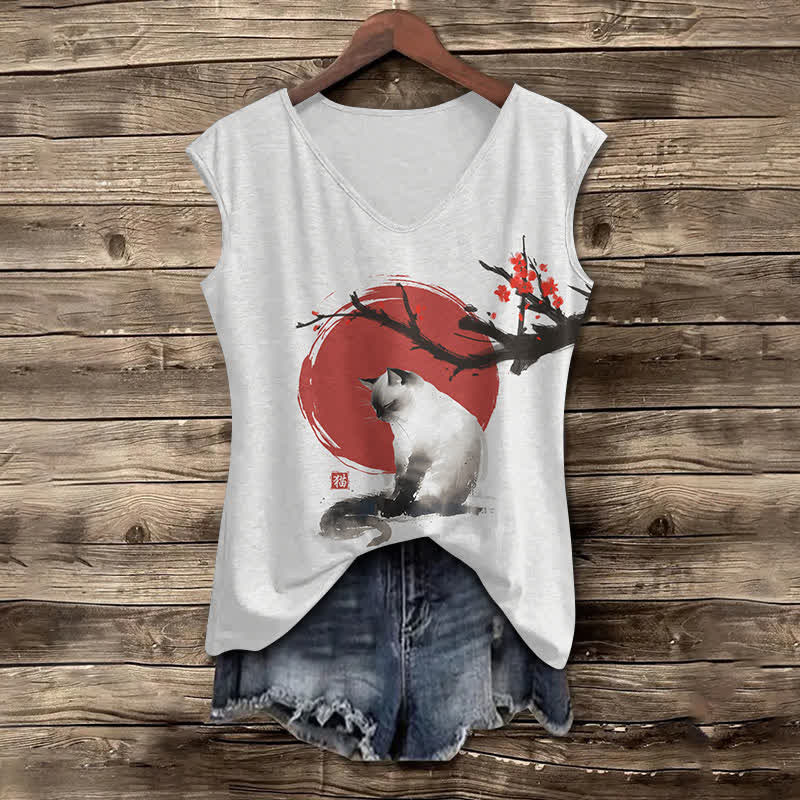 Japanese Sun & Ink Painting Cat Art Print V-neck Tank Top - Light Gray - 5XL - image 1