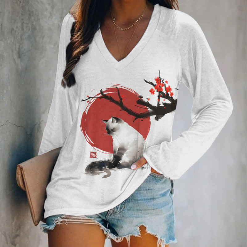 Japanese Sun & Ink Painting Cat Art Print Long Sleeve T-shirt - Light Gray - 5XL - image 1