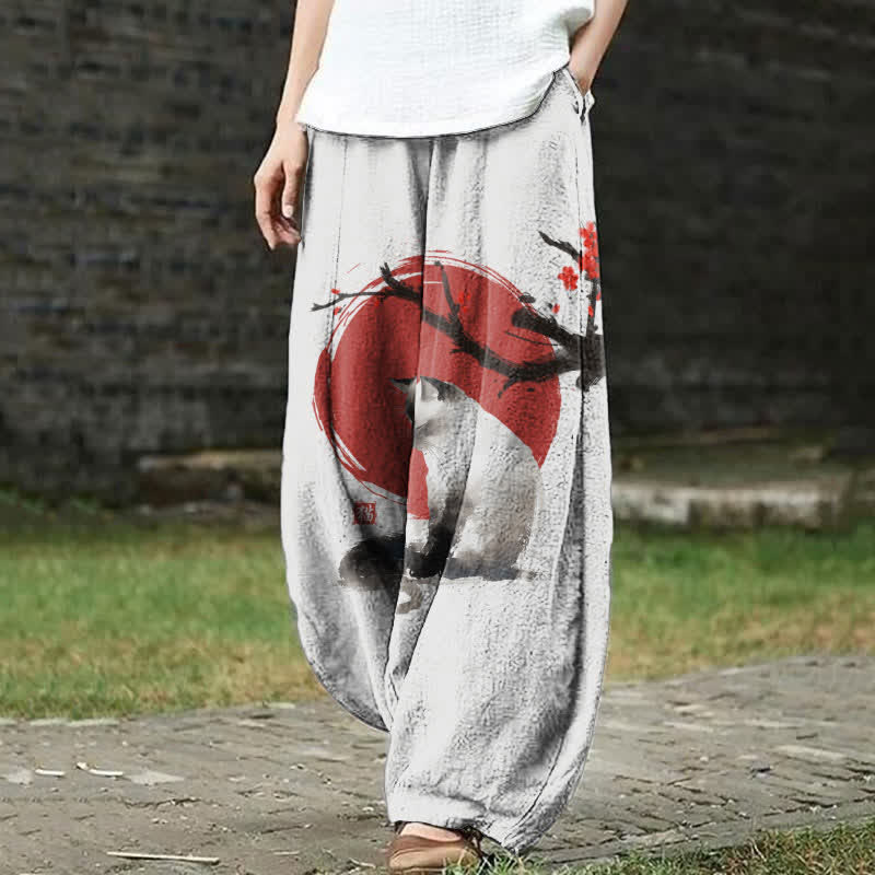  Japanese Sun & Ink Painting Cat Art Print Casual Pants - Light Gray - US18(5XL) - image 1