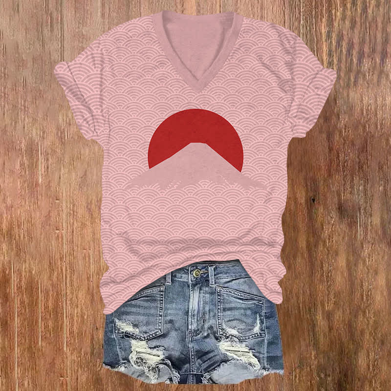  Japanese Sunrise Of Mount Fuji Art Print V-neck T-shirt - Pink - US32-34(5XL) - image 2