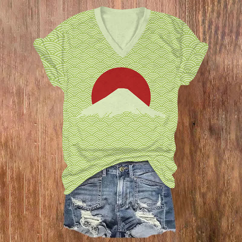  Japanese Sunrise Of Mount Fuji Art Print V-neck T-shirt - Light Green - US32-34(5XL) - image 6