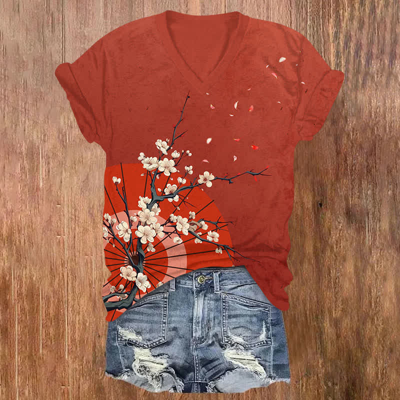 Japanese Vintage Sakura Umbrella Art Print V-neck T-shirt - Red - US32-34(5XL) - image 2