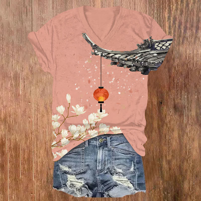 Japanese Blossom & Lantern Art Print V-neck T-shirt - Pink - US32-34(5XL) - image 2