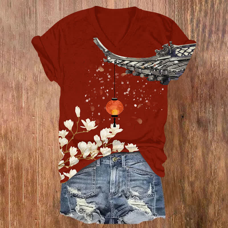 Japanese Blossom & Lantern Art Print V-neck T-shirt - Red - US32-34(5XL) - image 1