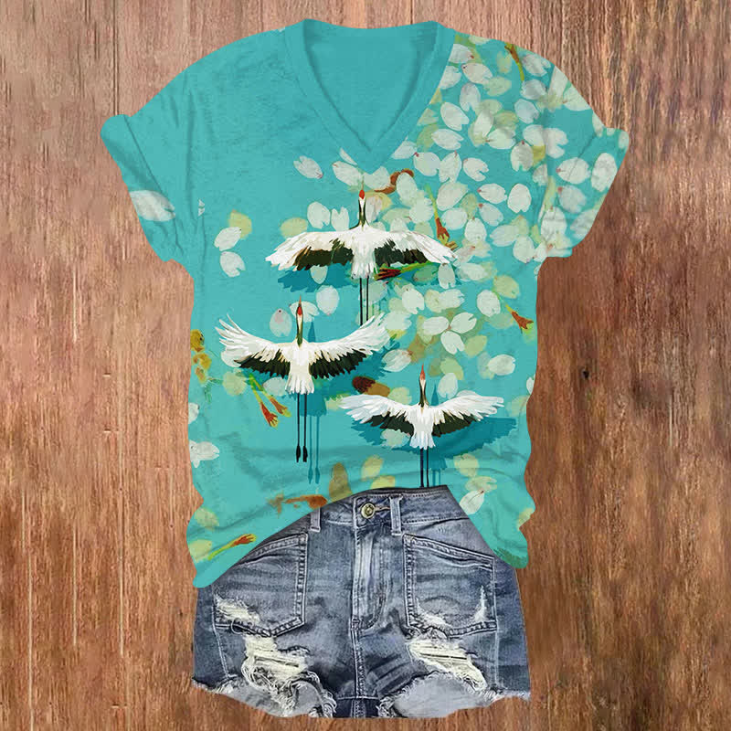 Japanese Oil Painting Sakura Crane Art  Print V-neck T-shirt - Green - US32-34(5XL) - image 2