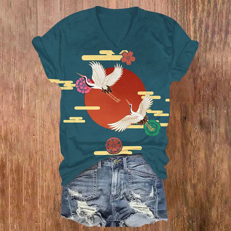 Japanese Sun Flying Floral Crane Art Print V-neck T-shirt - Olive Green - US32-34(5XL) - image 1