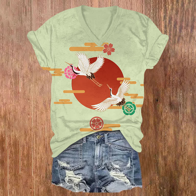 Japanese Sun Flying Floral Crane Art Print V-neck T-shirt - Green - US32-34(5XL) - image 3