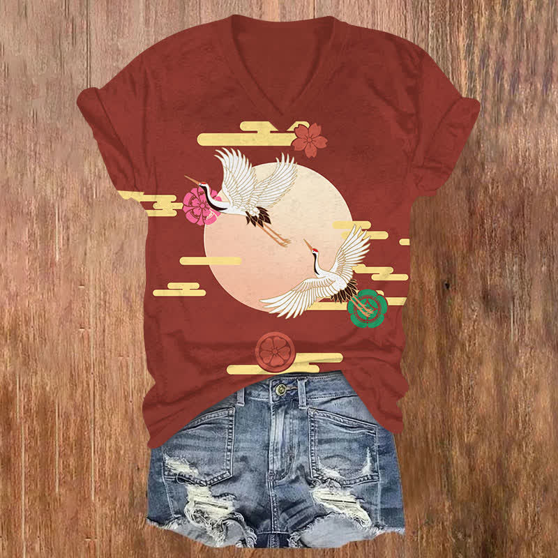 Japanese Sun Flying Floral Crane Art Print V-neck T-shirt - Red - US32-34(5XL) - image 2