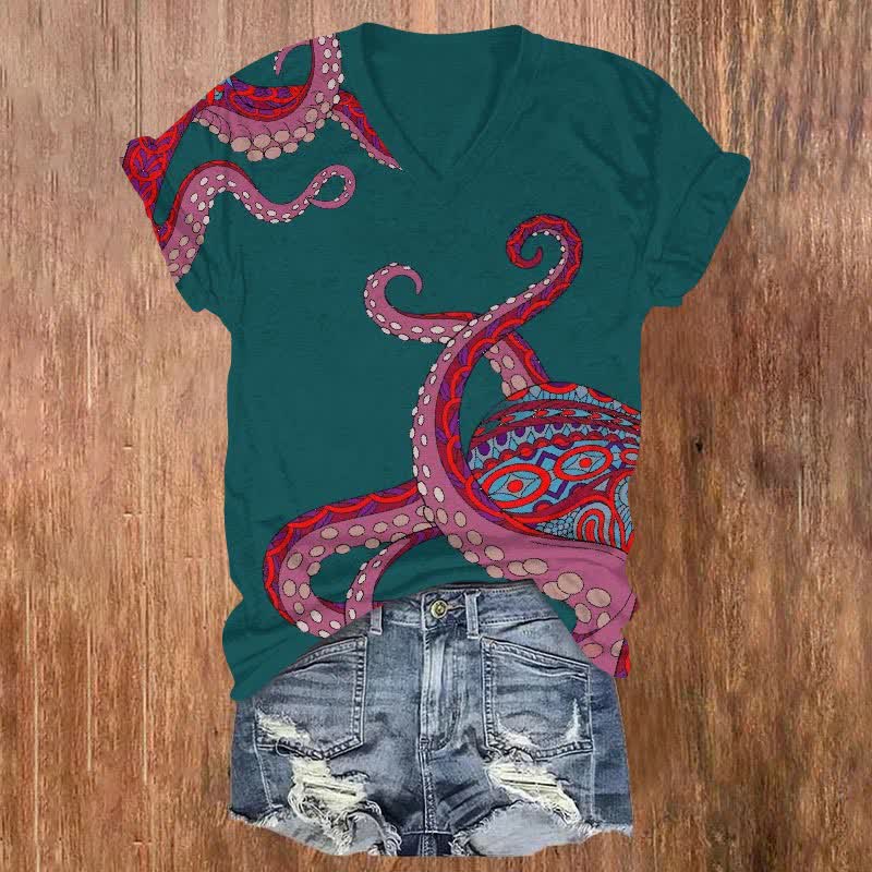 Vintage Ethnic Octopus Tentacles Art Print V-neck T-shirt - Olive Green - US32-34(5XL) - image 1