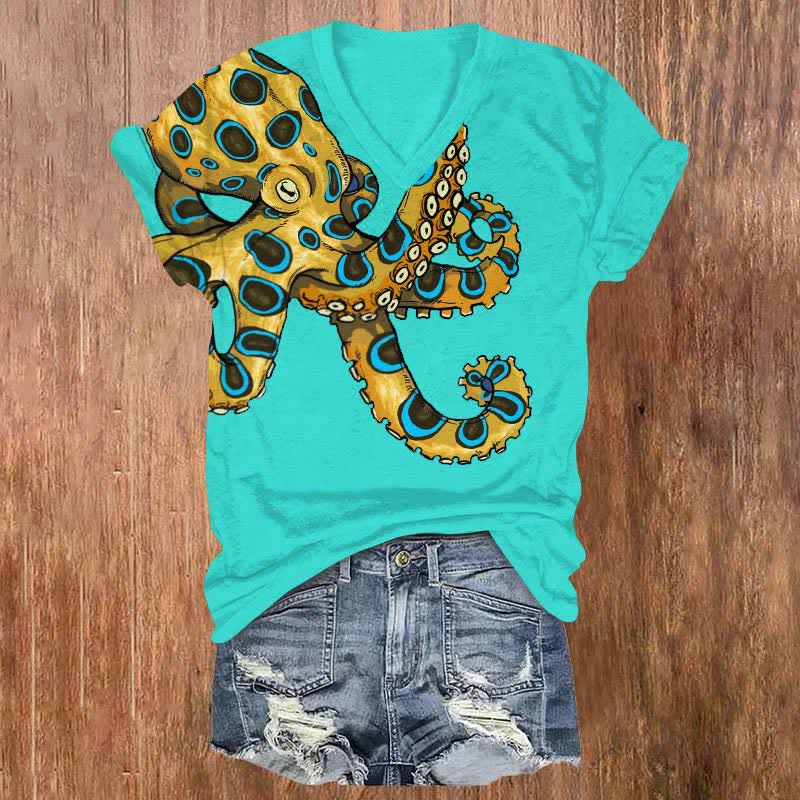 Vintage Blue-ringed Octopus Art Print V-neck T-shirt - Green - US32-34(5XL) - image 1