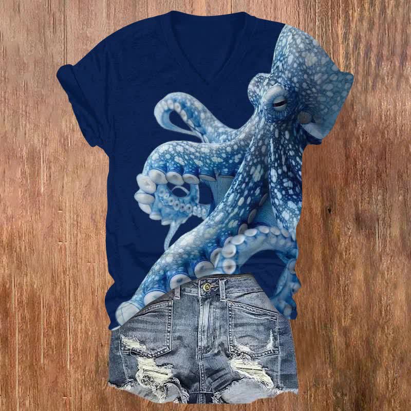  Vintage Watercolor Blue Octopus Art Print V-neck T-shirt - Blue - US32-34(5XL) - image 2