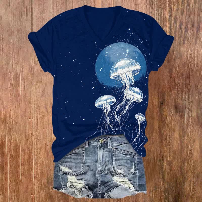 Vintage Starry Transparent Octopus Art Print V-neck T-shirt - Navy Blue - US32-34(5XL) - image 1