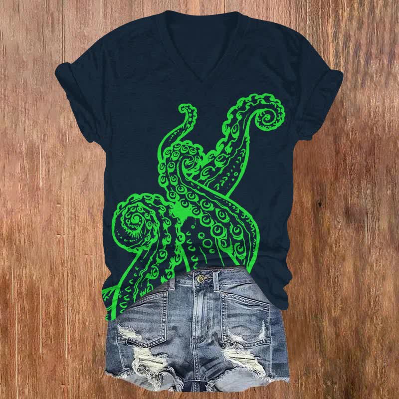 Abstract Watercolor Tentacles Art Print V-neck T-shirt - Black - US32-34(5XL) - image 2