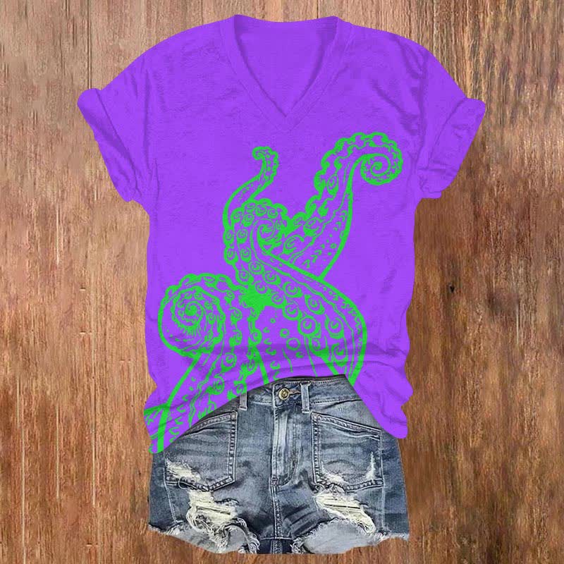 Abstract Watercolor Tentacles Art Print V-neck T-shirt - Purple - US32-34(5XL) - image 1